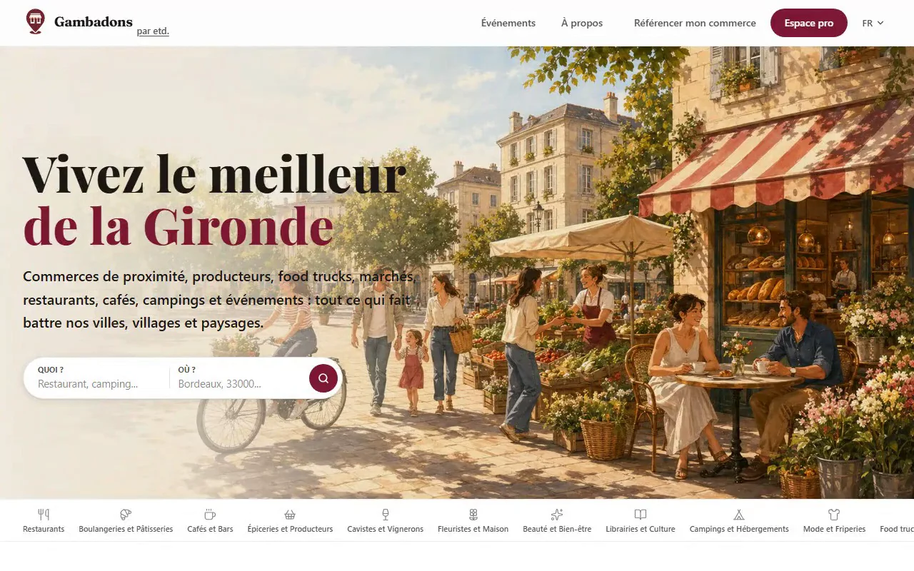 Affiche du parcours de la plateforme Gambadons, annuaire des commerces de Gironde