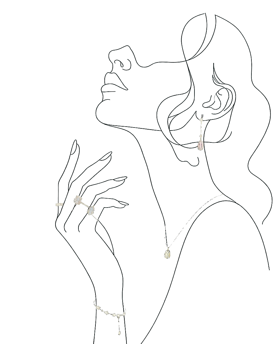 Illustration au trait d'une femme portant des bijoux Tuchii Bella