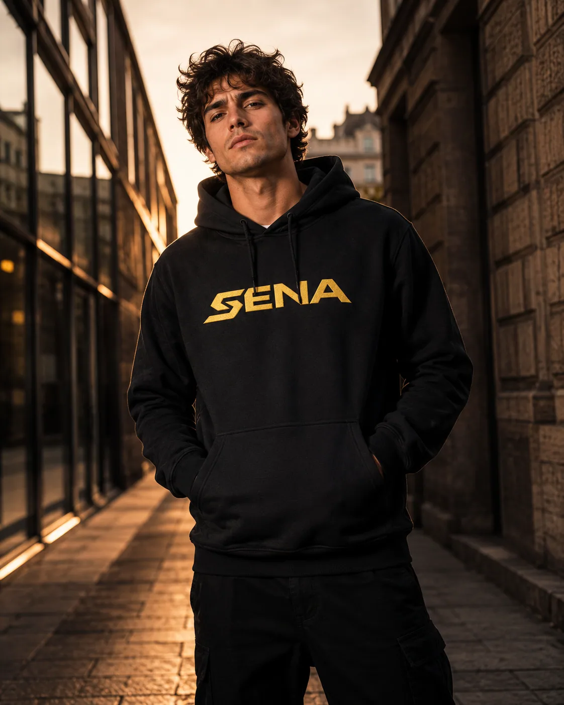 Hoodie Signature Noir porté en ville